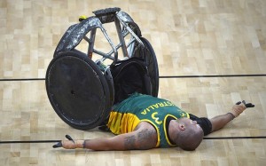 1.	Down but not out: Australia's Batt falls during their match against Canada during the London International Invitational Wheelchair Rugby Tournament