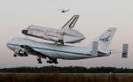 1.	The space shuttle Discovery, attached to a modified NASA 747 aircraft, takes off from the Kennedy Space Centre in Cape Canaveral, Florida, headed for its final home at The Smithsonian National Air and Space Museum's Steven F. Udvar-Hazy Centre in Chantilly, Virginia
